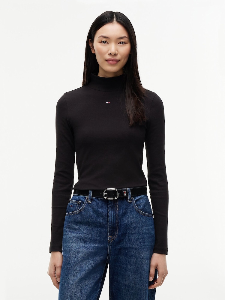 Tommy Jeans Black Slim Mock Neck Long Sleeve T-Shirt - Image 1 of 5 Tommy Jeans Black Slim Mock Neck Long Sleeve T-Shirt - Image 1 of 5