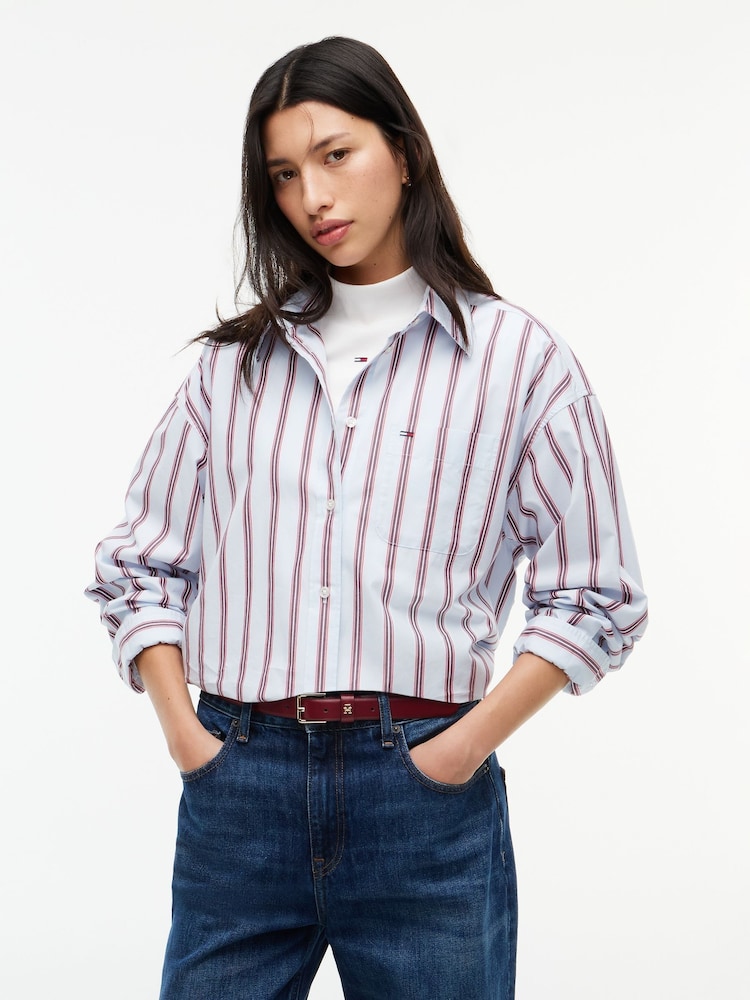 Tommy Jeans Blue Oversized Fit Yarn Dyed Poplin Shirt - Image 1 of 5 Tommy Jeans Blue Oversized Fit Yarn Dyed Poplin Shirt - Image 1 of 5