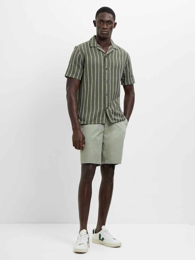French Connection Green Cotton Blend Open Weave Striped Revere Collar Button Short Sleeve Shirt - Image 1 of 5 French Connection Green Cotton Blend Open Weave Striped Revere Collar Button Short Sleeve Shirt - Image 1 of 5