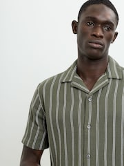 French Connection Green Cotton Blend Open Weave Striped Revere Collar Button Short Sleeve Shirt - Image 2 of 5