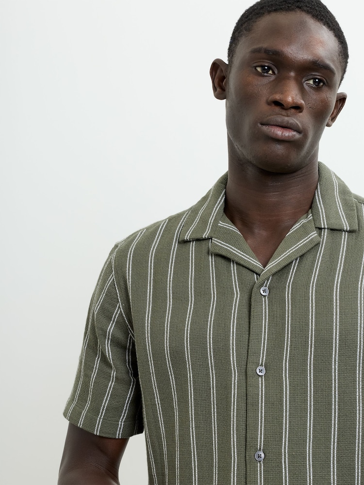 French Connection Green Cotton Blend Open Weave Striped Revere Collar Button Short Sleeve Shirt - Image 2 of 5 French Connection Green Cotton Blend Open Weave Striped Revere Collar Button Short Sleeve Shirt - Image 2 of 5