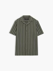 French Connection Green Cotton Blend Open Weave Striped Revere Collar Button Short Sleeve Shirt - Image 3 of 5