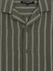 French Connection Green Cotton Blend Open Weave Striped Revere Collar Button Short Sleeve Shirt - Image 5 of 5