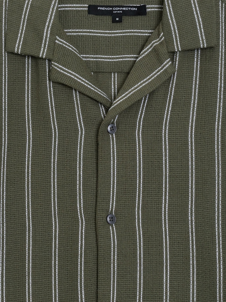 French Connection Green Cotton Blend Open Weave Striped Revere Collar Button Short Sleeve Shirt - Image 5 of 5 French Connection Green Cotton Blend Open Weave Striped Revere Collar Button Short Sleeve Shirt - Image 5 of 5