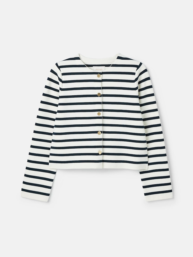 Joules Constance Cream & Navy Striped Cotton Cardigan - Image 6 of 6