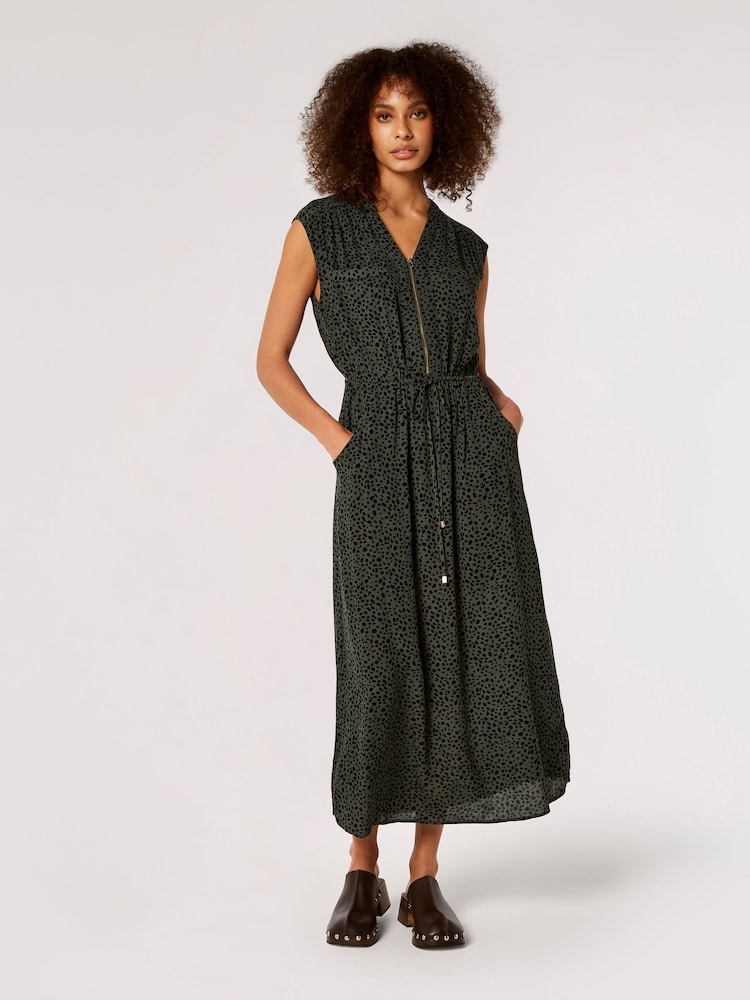 Apricot Green/Black Mini Pebble Zip Front Midi Dress - Image 1 of 4