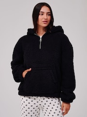 Loungeable Black Cosy Borg Fleece Quarter Zip Lounge Hoodie - Image 1 of 5