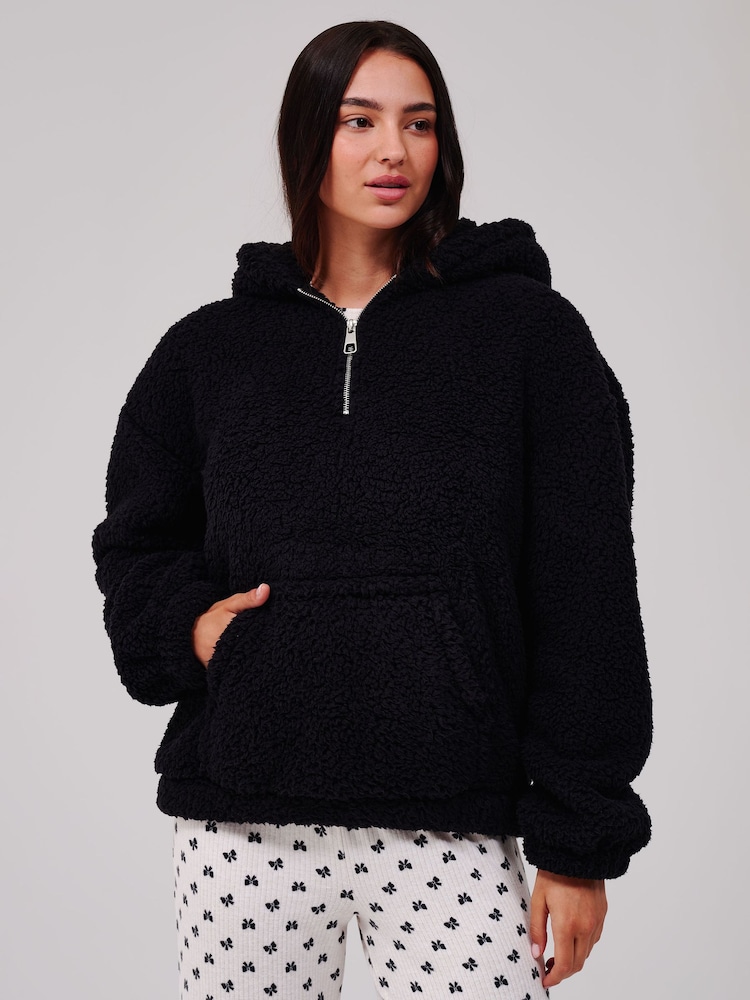 Loungeable Black Cosy Borg Fleece Quarter Zip Lounge Hoodie - Image 1 of 5 Loungeable Black Cosy Borg Fleece Quarter Zip Lounge Hoodie - Image 1 of 5