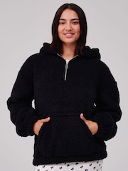 Loungeable Black Cosy Borg Fleece Quarter Zip Lounge Hoodie - Image 3 of 5