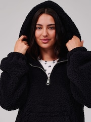 Loungeable Black Cosy Borg Fleece Quarter Zip Lounge Hoodie - Image 4 of 5