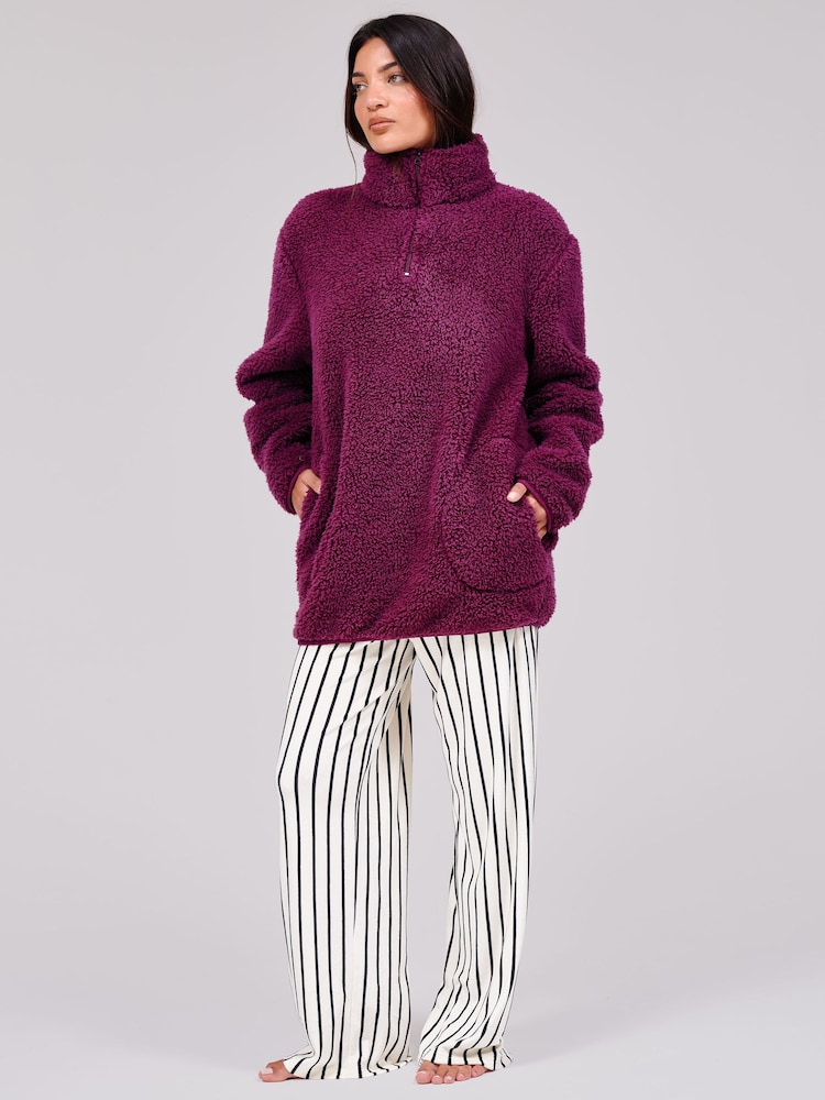 Loungeable Purple Borg Quarter  Zip Fleece - Image 6 of 6
