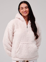 Loungeable Cream Cosy Borg Fleece Quarter Zip Lounge Hoodie - Image 1 of 5