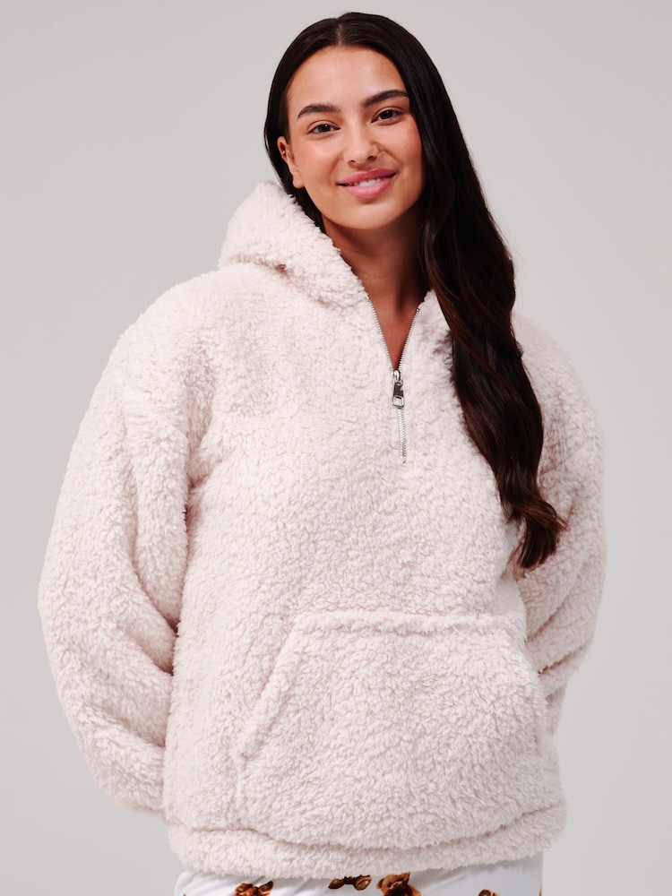 Loungeable Cream Cosy Borg Fleece Quarter Zip Lounge Hoodie - Image 1 of 5 Loungeable Cream Cosy Borg Fleece Quarter Zip Lounge Hoodie - Image 1 of 5