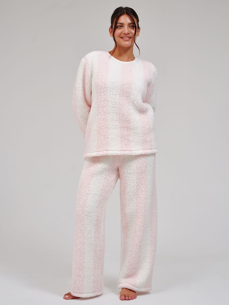 Loungeable Baby Pink Borg Jumper & Wide Leg Trousers Lounge Set - Image 1 of 4 Loungeable Baby Pink Borg Jumper & Wide Leg Trousers Lounge Set - Image 1 of 4
