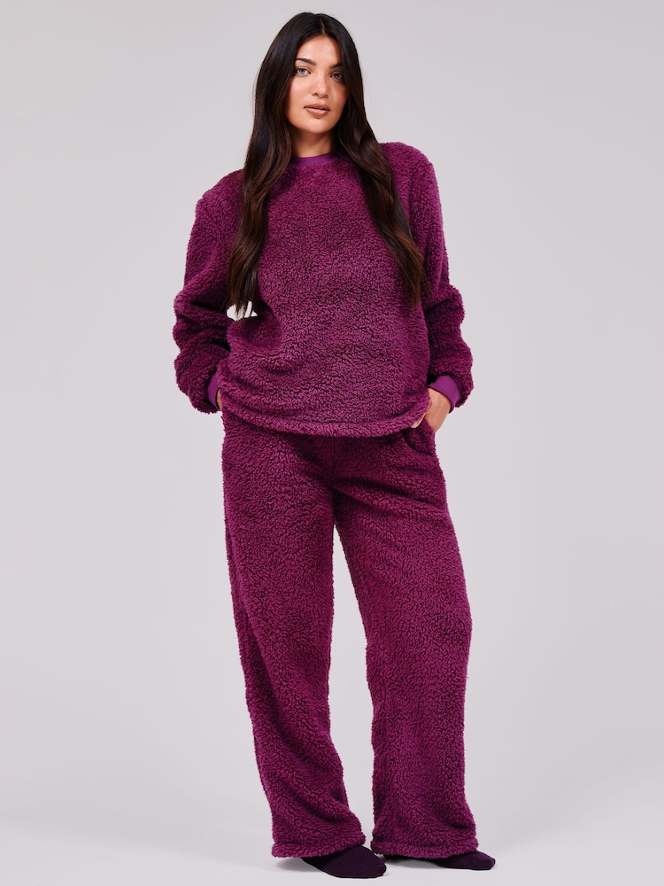 Loungeable Purple Borg Jumper & Wide Leg Trousers Lounge Set - Image 1 of 4 Loungeable Purple Borg Jumper & Wide Leg Trousers Lounge Set - Image 1 of 4