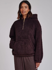 Loungeable Brown Cosy Borg Fleece Quarter Zip Lounge Hoodie - Image 1 of 5