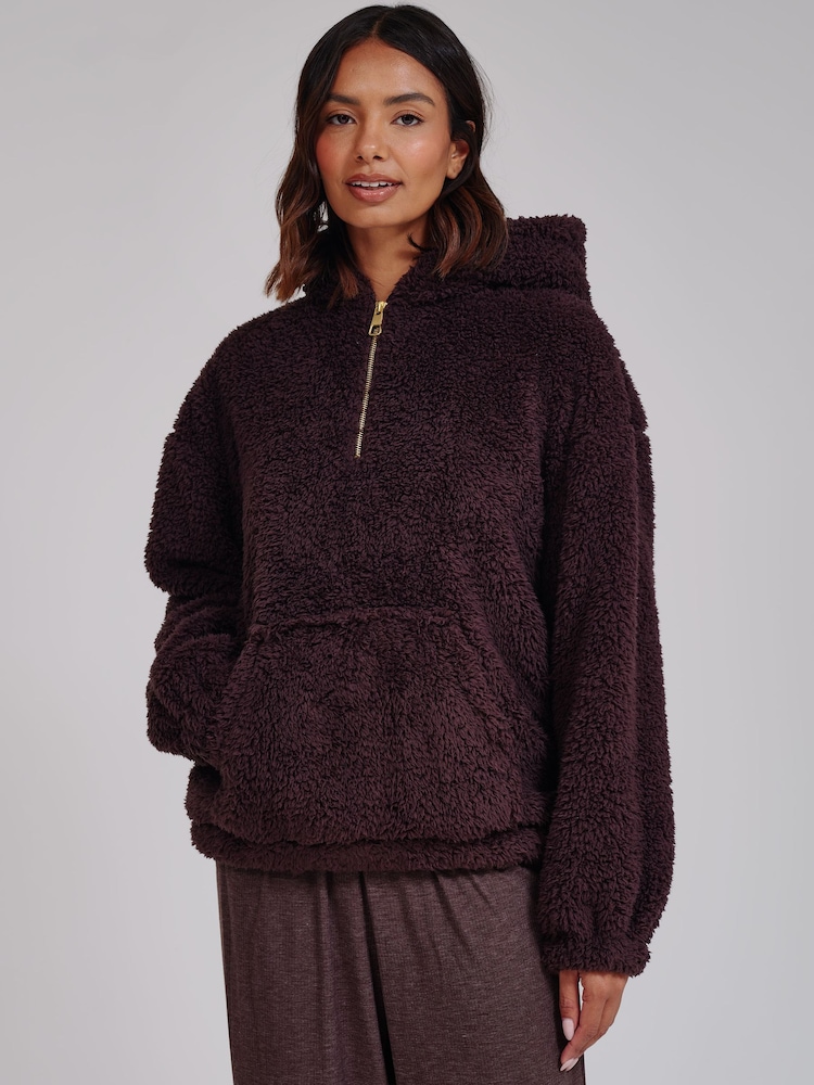 Loungeable Brown Cosy Borg Fleece Quarter Zip Lounge Hoodie - Image 1 of 5