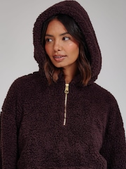 Loungeable Brown Cosy Borg Fleece Quarter Zip Lounge Hoodie - Image 3 of 5