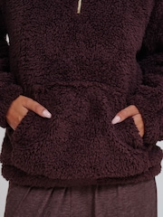 Loungeable Brown Cosy Borg Fleece Quarter Zip Lounge Hoodie - Image 4 of 5