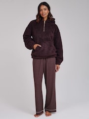Loungeable Brown Cosy Borg Fleece Quarter Zip Lounge Hoodie - Image 5 of 5