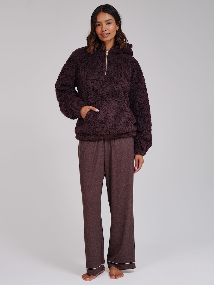 Loungeable Brown Cosy Borg Fleece Quarter Zip Lounge Hoodie - Image 5 of 5