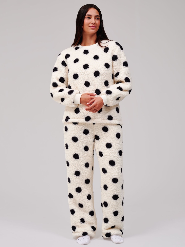 Loungeable White Borg Jumper & Wide Leg Trousers Lounge Set - Image 1 of 9