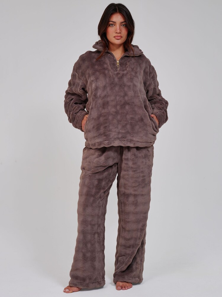 Loungeable Brown Luxury Bubble Fleece Quarter Zip and Trousers Lounge Set - Image 1 of 6