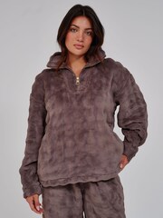 Loungeable Brown Luxury Bubble Fleece Quarter Zip and Trousers Lounge Set - Image 4 of 6