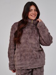 Loungeable Brown Luxury Bubble Fleece Quarter Zip and Trousers Lounge Set - Image 5 of 6