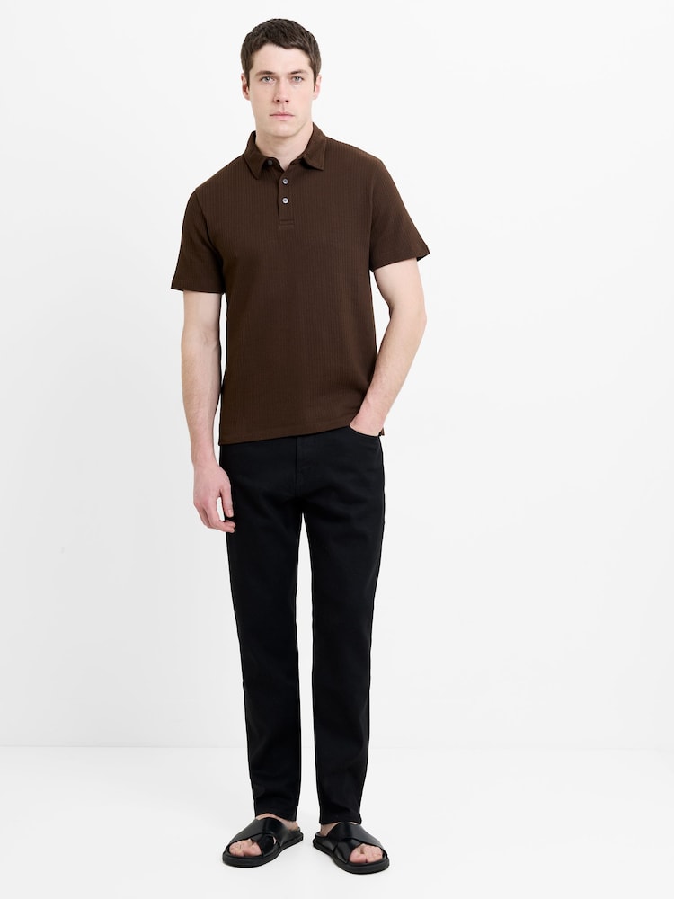 French Connection Brown Cotton Blend Textured Short Sleeve Polo Shirt - Image 1 of 6