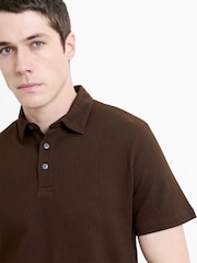 French Connection Brown Cotton Blend Textured Short Sleeve Polo Shirt - Image 2 of 6