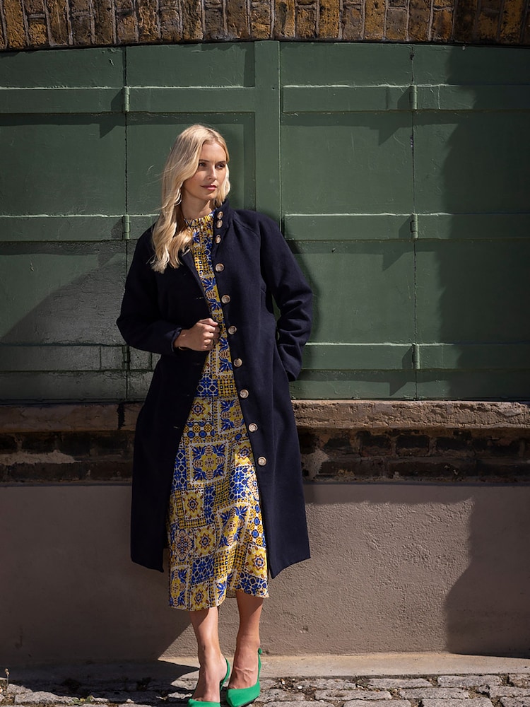 Closet London Blue Button up Long Coat With Tie & Pockets - Image 2 of 4