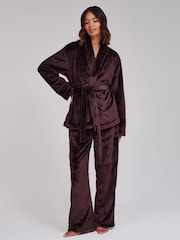 Loungeable Brown Luxury Fleece Wrap Kimono and Trousers Lounge Set - Image 5 of 7
