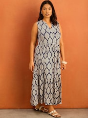 Live Unlimited Blue Print Nehru Collar Tiered Maxi Dress - Image 1 of 5