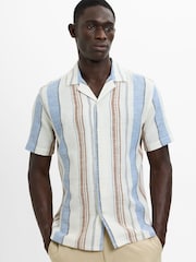 French Connection Blue Cotton Stripe Revere Collar Short Sleeve Button Shirt - Image 1 of 6