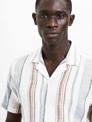 French Connection Blue Cotton Stripe Revere Collar Short Sleeve Button Shirt - Image 2 of 6