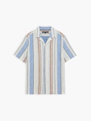 French Connection Blue Cotton Stripe Revere Collar Short Sleeve Button Shirt - Image 3 of 6