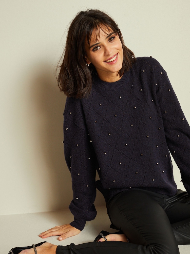 Navy Blue Pearl Embellished Jumper - Image 2 of 6