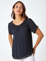 Roman Black Lace Detail Shirred Bardot Top - Image 1 of 5