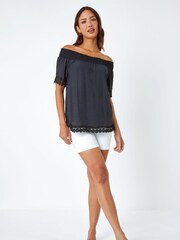Roman Black Lace Detail Shirred Bardot Top - Image 2 of 5