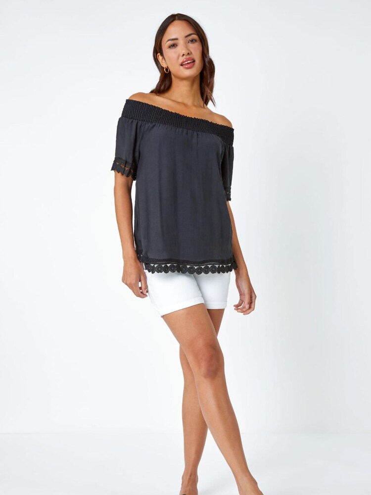 Roman Black Lace Detail Shirred Bardot Top - Image 2 of 5