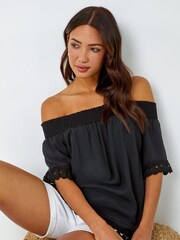 Roman Black Lace Detail Shirred Bardot Top - Image 3 of 5
