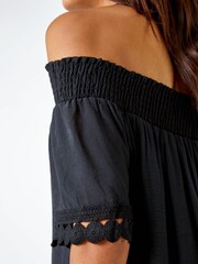 Roman Black Lace Detail Shirred Bardot Top - Image 5 of 5