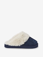 Navy Suede Faux Fur Lined Mule Slippers - Image 1 of 4