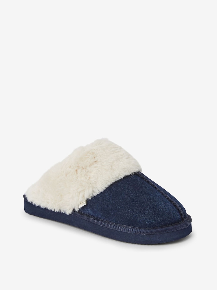 Navy Suede Faux Fur Lined Mule Slippers - Image 2 of 4