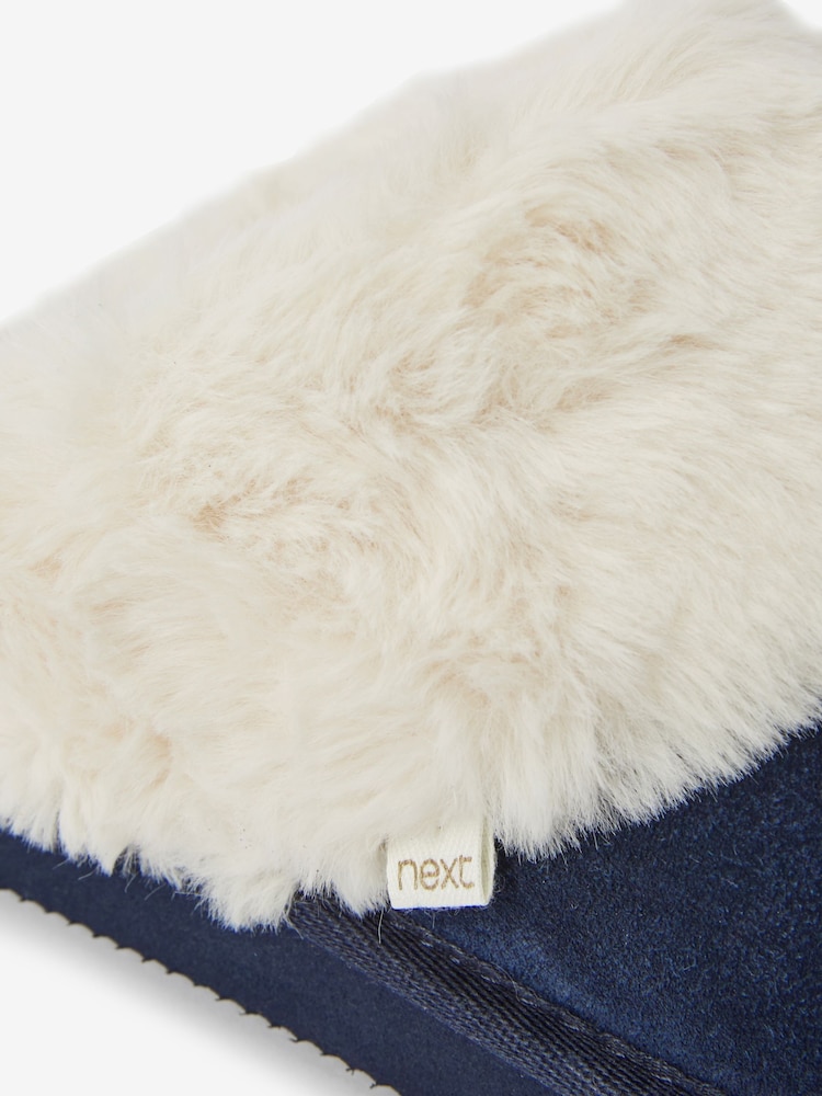 Navy Suede Faux Fur Lined Mule Slippers - Image 4 of 4