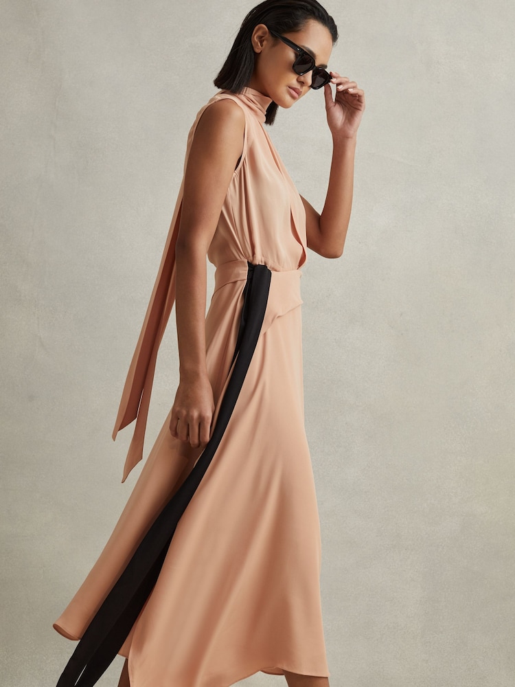 Reiss Nude Harriet Contrast Bow Midi Dress - Image 3 of 5