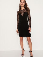 Black Black Long Sleeve Lace Insert Mini Dress - Image 1 of 7