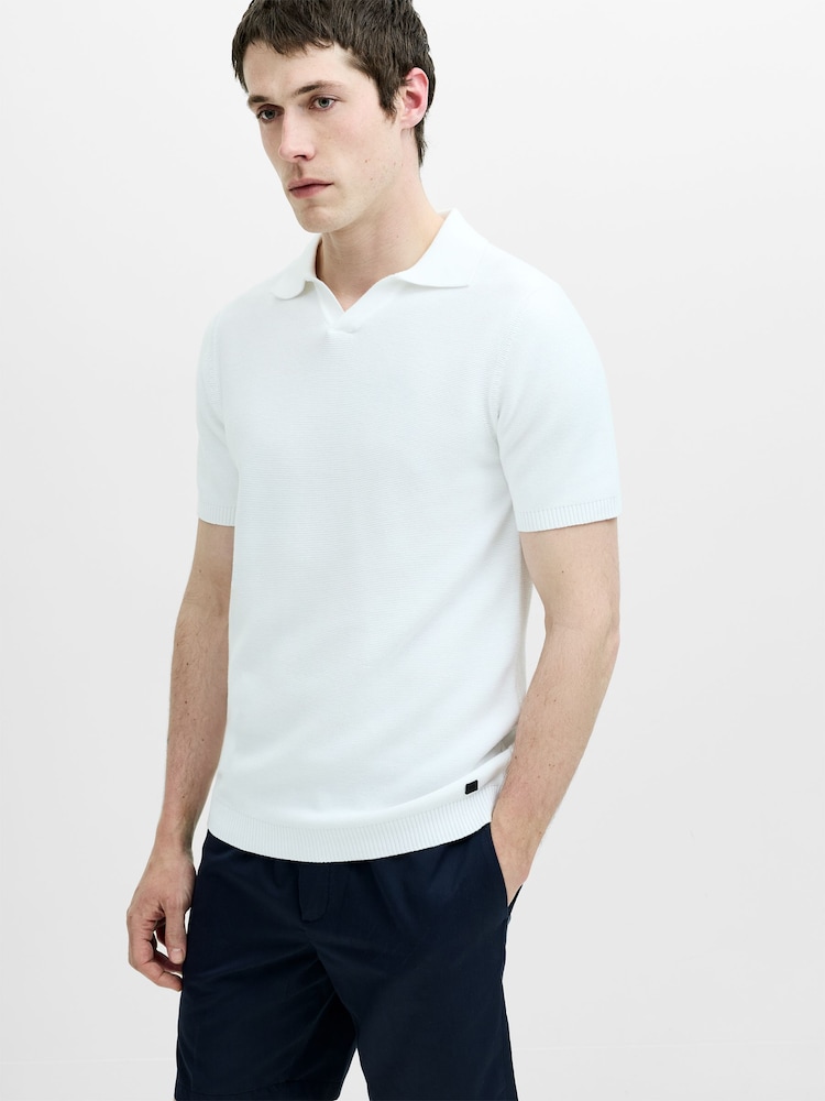 French Connection Cotton Textured Knit Open V-Neck Collar Short Sleeve Polo Shirt - Larawan 1 ng 6
