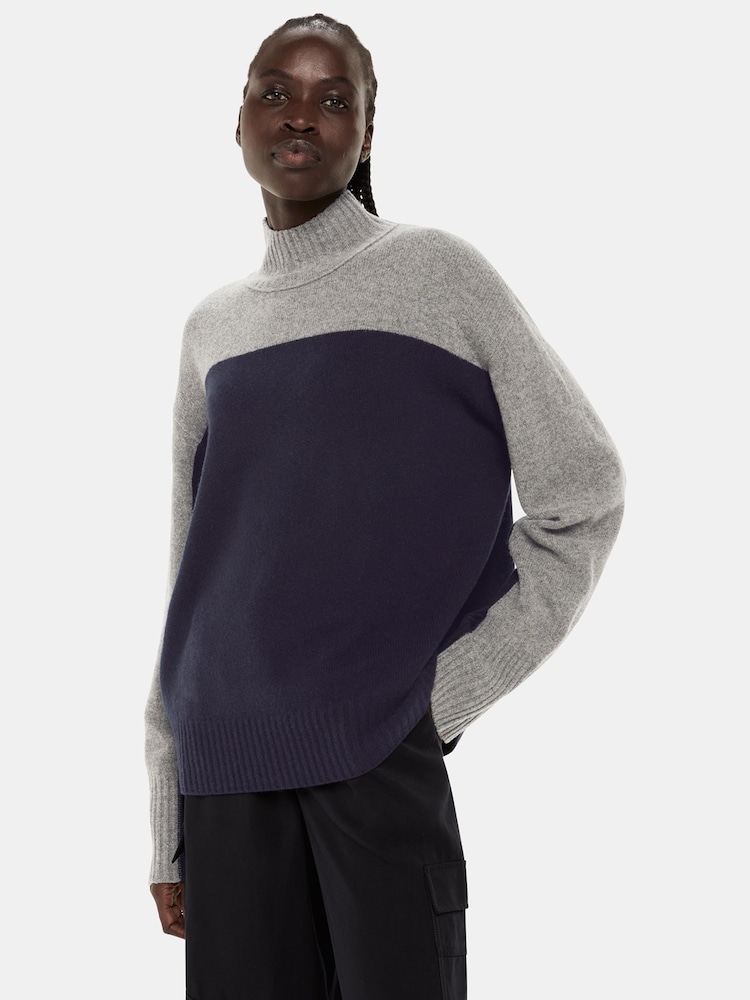 Whistles Blue Wool Colour Block Funnel Neck Jumper - Image 1 of 5